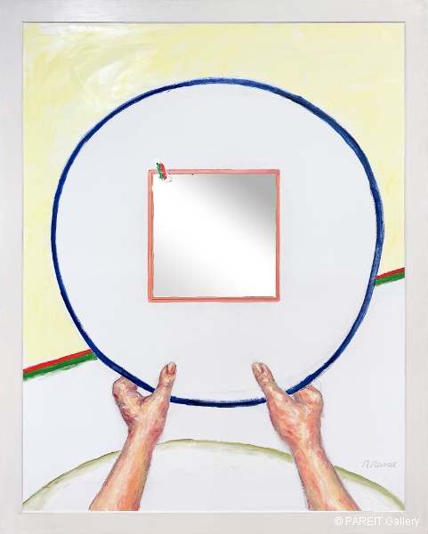 RAVEEL Roger - Met 2 handen het niets in, een cirkel vasthoudend met daarin een spiegel